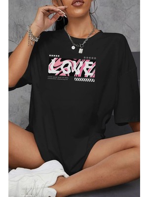 Young Fit Love Baskılı Kadın Oversize Pamuklu Siyah Tişört