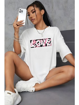 Young Fit Love Baskılı Kadın Oversize Pamuklu Siyah Tişört