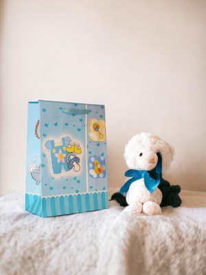 Parti Adresi Hoş Geldin Bebek Baby Shower Erkek Bebek Karton Hediye Çantası 24X18X8 cm