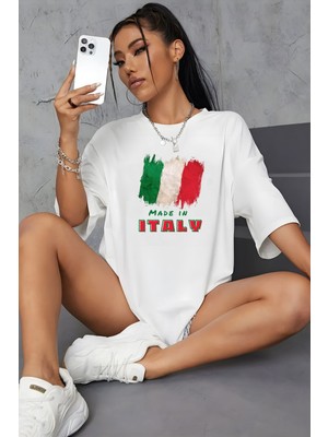 Young Fit Italya Bayrak Baskılı Unisex Pamuklu Oversize Tişört