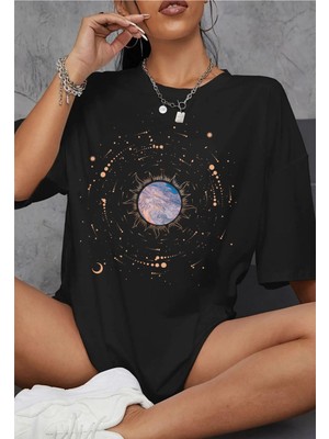 Young Fit Gezegen Temalı Baskılı Unisex Oversize Pamuklu Tişört