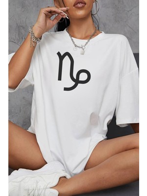 Young Fit Oğlak Burcu Simgeli Baskılı Pamuklu Unisex Oversize Tişört
