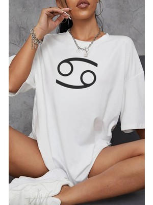 Young Fit Yengeç Burcu Simgeli Baskılı Pamuklu Unisex Oversize Tişört