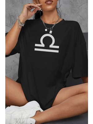Young Fit Terazi Burcu Simgeli Baskılı Pamuklu Unisex Oversize Tişört