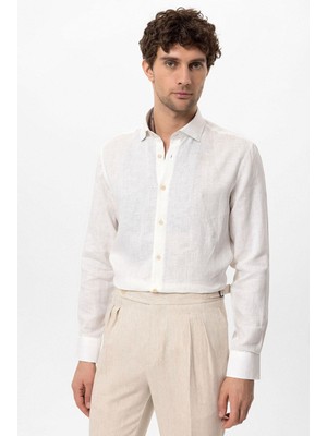 Antioch Beyaz Yaka Düğme Detaylı %100 Keten Erkek Gömlek