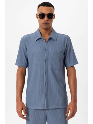 Antioch Indigo Fitilli Kısa Kollu Erkek Gömlek