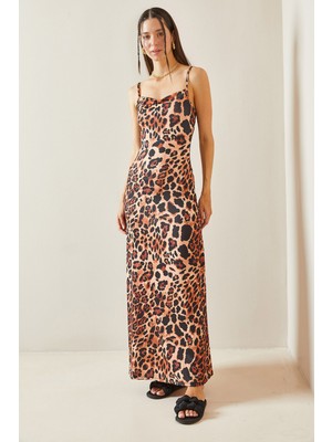 Xhan Kahverengi Leopar Desenli Askılı Maxi Elbise 5YXK6-48855-18