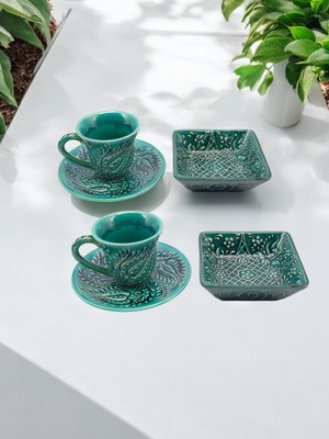 Sharp & Art Geleneksel Osmanlı Lale Model Gerçek El Işi,kabartmalı 2 Li ve 6 Lı Kahve Fincan ve Lokumluk Takımı