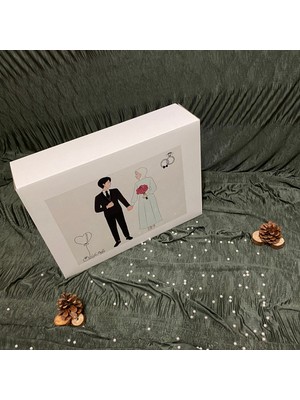 Giftpuffy Özel Tasarım Gelin ve Damat Nişan Düğün Bohça Kutusu-Beyaz