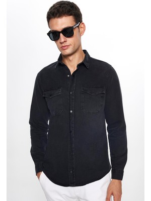 Tudors Erkek Slim Fit Dar Kesim Uzun Kollu denim Çift Cep Çıtçıtlı Siyah Gömlek