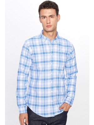 Tudors Erkek Slim Fit Dar Kesim Uzun Kollu Pamuklu Kolay Ütü Kareli Düğmeli Yaka Gömlek