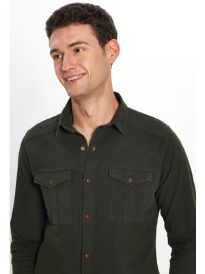 Tudors Erkek Slim Fit Dar Kesim Uzun Kollu Denim Kot Yıkamalı Çift Cepli Haki Spor Yaka Gömlek