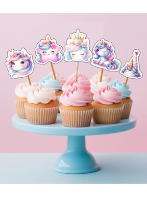 Hiras Dizayn 15ADET Unicorn Tekboynuz Cupcake Kürdanı  Doğum Günü Süsü Pasta Kürdanı  6-7cm Cupcake Pasta