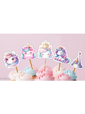 Hiras Dizayn 15ADET Unicorn Tekboynuz Cupcake Kürdanı  Doğum Günü Süsü Pasta Kürdanı  6-7cm Cupcake Pasta