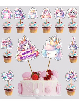 Hiras Dizayn Unicorn Tekboynuz Pasta Kürdanı 12PARÇA Pasta Süsü ve Cupcake Pasta Kurabiye Süsle