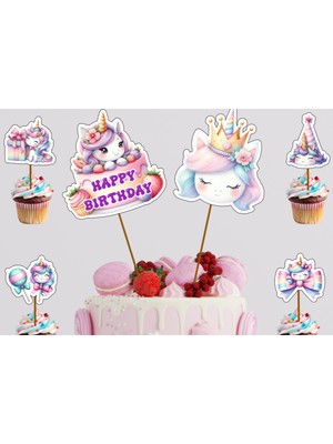 Hiras Dizayn Unicorn Tekboynuz Pasta Kürdanı 12PARÇA Pasta Süsü ve Cupcake Pasta Kurabiye Süsle