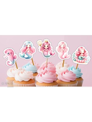 Hiras Dizayn 15ADET Denizkızı Mermaid Sualtı Cupcake Doğum Günü Süsü Pasta Kürdanı  6-7cm Cupcake Pasta