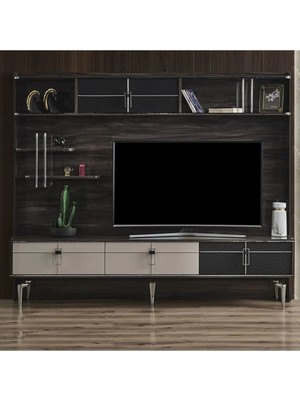 Hilton 204 Premium Tv Ünitesi Fonlu Televizyon Sehpası Ünitesi 204 cm 3 Çekmeceli Raflı