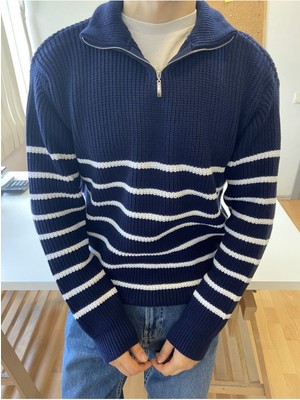 Cool Tarz Lacivert-Beyaz Erkek Regular Fit Fermuarlı Yaka Balıkçı Triko Kazak