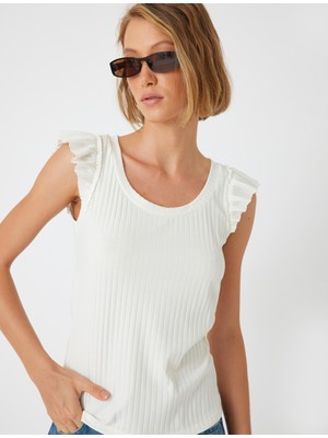 Koton Fırfırlı Karpuz Kol Tişört Yuvarlak Yaka Ribanalı Slim Fit