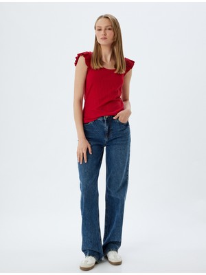 Koton Fırfırlı Karpuz Kol Tişört Yuvarlak Yaka Ribanalı Slim Fit