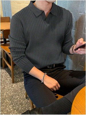 Tarz Cool Füme Erkek Polo Yaka Fitilli Triko Kazak