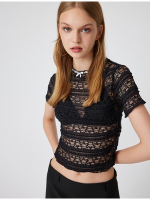 Koton Fiyonklu Tişört Dantel Kısa Kollu Dik Yaka Slim Fit