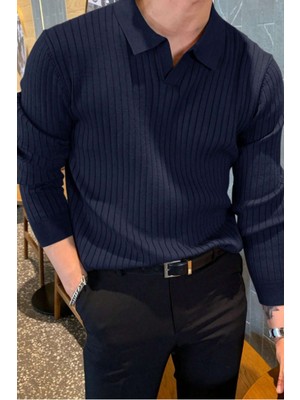 Tarz Cool Lacivert Erkek Polo Yaka Fitilli Triko Kazak