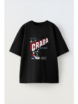 Youwinner Grasa Tasarım Baskılı Pamuk Sıyah Oversize T-Shirt