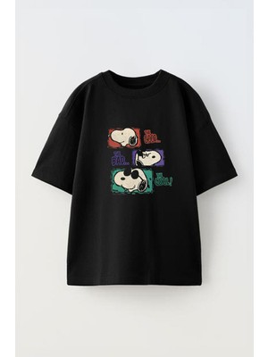 Youwinner Üc Kopek Tasarım Baskılı Pamuk Sıyah Oversize T-Shirt
