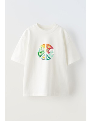 Youwinner Doğa Tasarım Baskılı Pamuk Beyaz Oversize T-Shirt