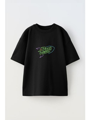Youwinner Renkli Roket Tasarım Baskılı Pamuk Sıyah Oversize T-Shirt
