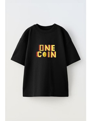 Youwinner One Coin Tasarım Baskılı Pamuk Sıyah Oversize T-Shirt
