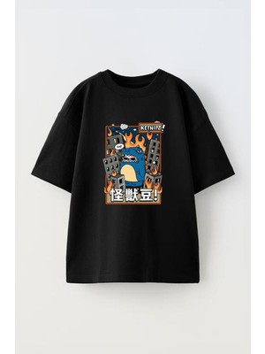 Youwinner Sehiri Yakanan Dinazor Tasarım Baskılı Pamuk Sıyah Oversize T-Shirt