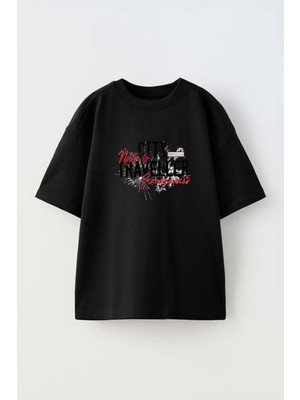 Youwinner Cıty Traveller Tasarım Baskılı Pamuk Sıyah Oversize T-Shirt