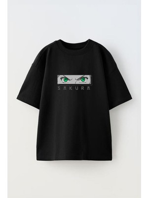 Youwinner Sakura Eyes Tasarım Baskılı Pamuk Sıyah Oversize T-Shirt
