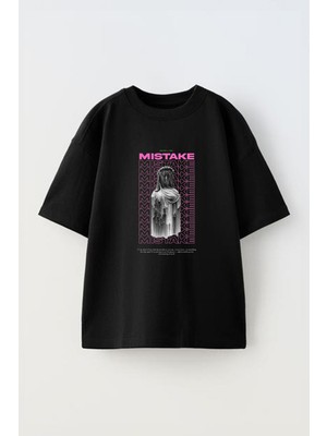 Youwinner Mıstake Kadın Tasarım Baskılı Pamuk Sıyah Oversize T-Shirt