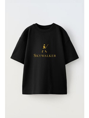 Youwinner Sky Walker Tasarım Baskılı Pamuk Sıyah Oversize T-Shirt