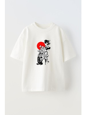 Youwinner Japon Kadın ve Balıktasarım Baskılı Pamuk Beyaz Oversize T-Shirt