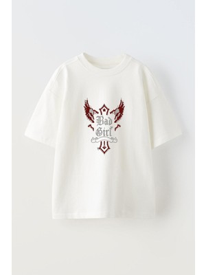 Youwinner Bad Girl Tasarım Baskılı Pamuk Beyaz Oversize T-Shirt