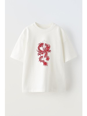 Youwinner Kılıca Dolanmıs Ejderhatasarım Baskılı Pamuk Beyaz Oversize T-Shirt