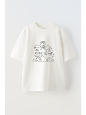 Youwinner Motorcu Cift Tasarım Baskılı Pamuk Beyaz Oversize T-Shirt