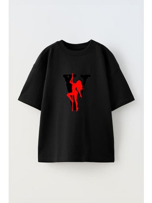 Youwinner V Kırmızı Kadın Tasarım Baskılı Pamuk Sıyah Oversize T-Shirt