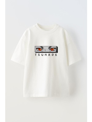 Youwinner Tsunade Eyes Tasarım Baskılı Pamuk Beyaz Oversize T-Shirt