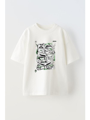 Youwinner Yeşil Gözler Tasarım Baskılı Pamuk Beyaz Oversize T-Shirt
