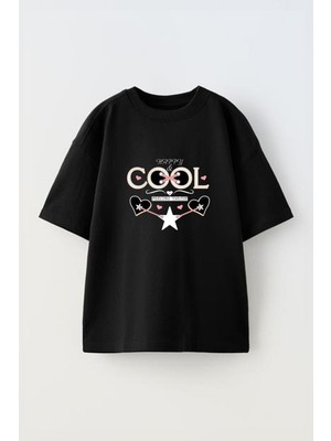 Youwinner Happy Cool Tasarım Baskılı Pamuk Sıyah Oversize T-Shirt