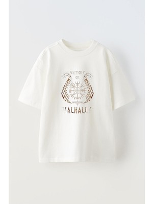 Youwinner Vıctory Or Valhalla Tasarım Baskılı Pamuk Beyaz Oversize T-Shirt
