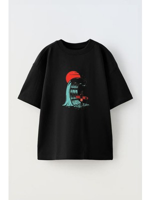 Youwinner Dalga ve Sorfcu Tasarım Baskılı Pamuk Sıyah Oversize T-Shirt