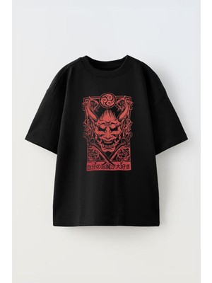 Youwinner Demon Smile Face Tasarım Baskılı Pamuk Sıyah Oversize T-Shirt