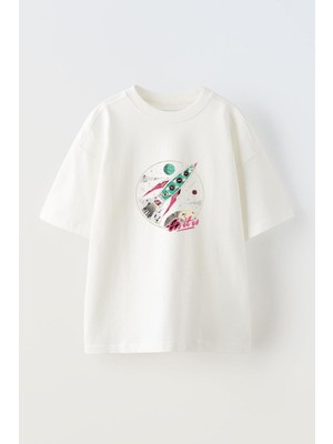 Youwinner Uzaydaki Roket Tasarım Baskılı Pamuk Beyaz Oversize T-Shirt